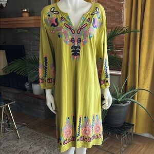 Soft Surroundings Embroidered Green Tunic Dress, Size M (8-10)